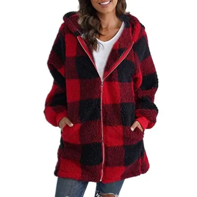 Ladies Fleece Teddy Bear Check Coat Overcoat Zip Hooded Jacket Jumper Plus Size • £14.61