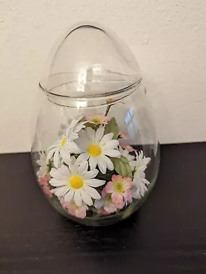 Vtg LIbby? Glass Large Egg-Shaped Jar W/ Removable Lid Spring Floral Arrangement • $15