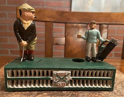 Vintage Metal Cast Iron Mechanical Golf Coin Bank Golfers Birdie Putt 7” Long • $15