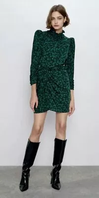 New ZARA Green Floral Draped Ruffle Cuff Mini Dress Size M • £7
