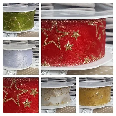 38mm Wired Glitter Star Sheer Christmas Ribbon. Organza Cake Decoration Bow Tree • £1.49
