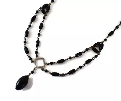 Victorian Black Jet Glass Festoon Necklace Antique Mourning Jewelry • $179