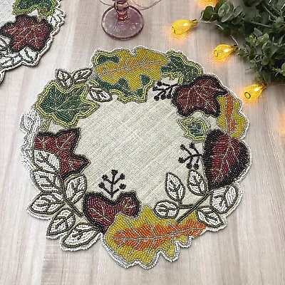 Set Of 6 Handmade Beaded Fall Placemat Maple Leaf Tablemat On Burlap • $162