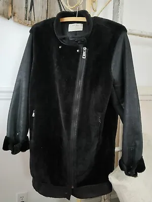 $39.95 • Buy ZARA Womens XL Black Coat Soft Faux Fur Leather Mid Length Long Sleeve Zip