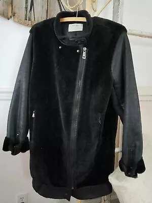 ZARA Womens XL Black Coat Soft Faux Fur Leather Mid Length Long Sleeve Zip • $36