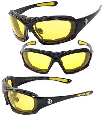 Night Driving Riding Padded Motorcycle Glasses -  Black Frame Yellow Lens C49 • $11.90