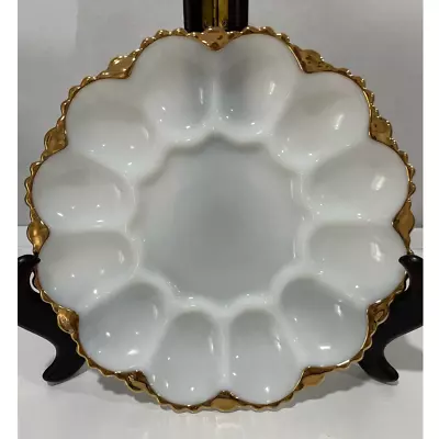 Vintage Anchor Hocking White Milk Glass Egg Plate With Gold Trim • $3.99