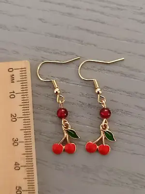 Red Cherry Earrings Dangle Hooks Gold Red Bead Fruit Salad AUS Free Postage • $6.50