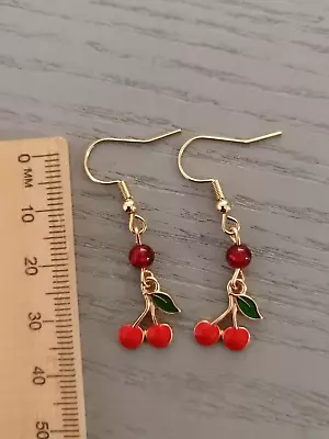 Red Cherry Earrings Dangle Hooks Gold Red Bead Fruit Salad AUS Free Postage • $6.50