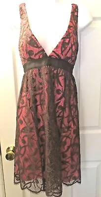 MILLY New York Lace Dress Pink Brown Overlay Deep V-Neck Plunge Cocktail NY Sz 8 • $55
