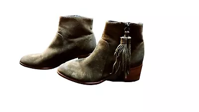 Miss Albright Boots 6.5 Leather Olive Green Tassle Zipper Pull 2  Heels Ankle... • $58.05