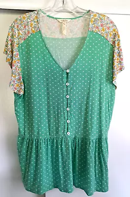 Matilda Jane Free To Be Green Polka Dot/Floral Print L Jersey Top Style 31681T • $12