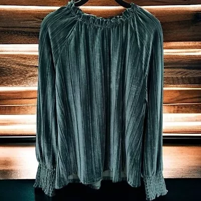 NEW Cable & Gauge Velour Green Long Sleeve Ruffle Flowy Blouse Size L • £24.08
