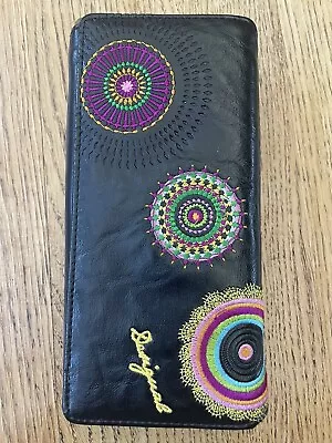Desigual Large Zip Around Leather Wallet Embroidered Black • $32.50