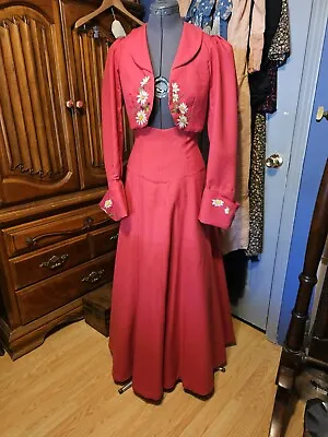 Reproduction 1900s Embroidered Red Wool Walking Suit Women's Small  • $90