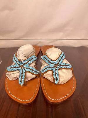 Mystique Thong Leather Sandals Turquoise Beaded Starfish 10 • $55