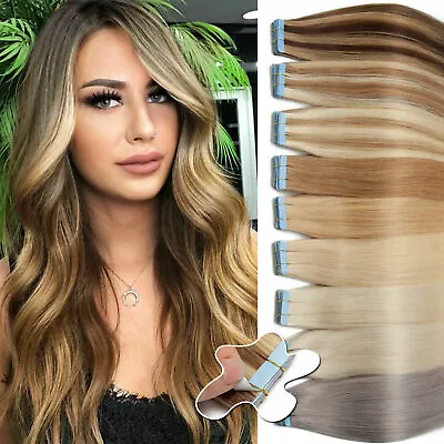 Invisible Tape In Skin Weft Indian Remy Human Hair Extensions Silky Straight 10A • $19