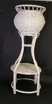 Vtg Woven Rattan Wicker Bamboo Plant Stand W/shelf Boho Tiki White Shabby • $96.99