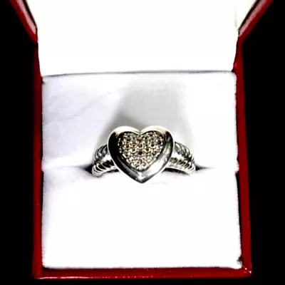 David Yurman 925 Sterling Silver Pave Diamonds Cable Heart Ring Size 7 • $611