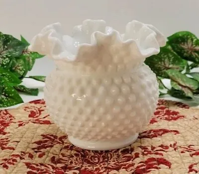 Fenton White Milk Glass Hobnail Ruffled Rim Rose Bowl VASE 5.5  X 6  Vintage • $20