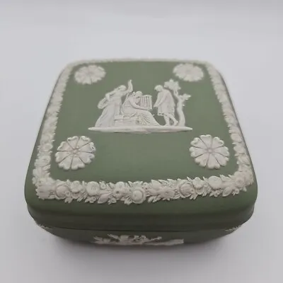 Vintage Sage Green Wedgwood Jasperware Square Lided Trinket Dish Cherubs Decor • £15.19