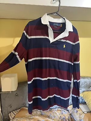 Men's POLO Ralph Lauren Red Blue Grey Striped Rugby Polo Shirt Size L • £15