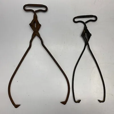 2-Vintage 13  & 16” Antique Ice Block Tongs  Primitive Hand Forged Tools • $39.50