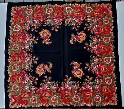 Superb Vintage Black Wool Shawl Scarf - Red And Gold Rose Pattern - 40  Square • $39.95