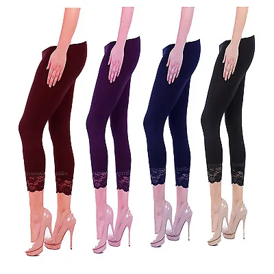 Womens Ladies Cropped Leggings With Lace 3/4 Length Casual Cotton Pants • £5.95