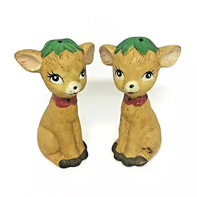 Vintage Christmas Deer Salt And Pepper Shakers Sitting Fawns 3.25  High Holly • $8.95