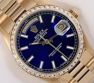 Rolex Day-Date 18038 Presidential 18k Gold Diamond Bezel 36mm-Blue Stick Dial • $18870.50