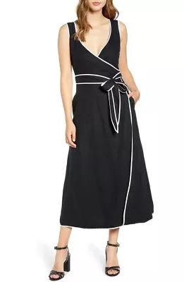 Navy White Contrast Piping Trim Summer Wrap Pocket Linen Dress • $69.99