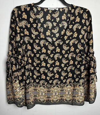 Rose + Olive Top Womens Large Floral Bohemian Blouse Peasant Bell Sleeves Navy • £10.61