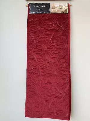 Tahari Home Table Runner Red Velvet 14  X 72  Quilted Embroidered Poinsettias • $34.99