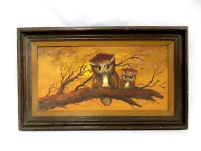 Vintage Mid Century Oil On Board Owl W/ Baby Owlet Signed Olline Framed 30 X 18 • $140.01