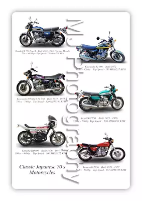 Classic 70's Japanese Motorcycles Compilation A3 Size Poster Photographic Paper • £9.99