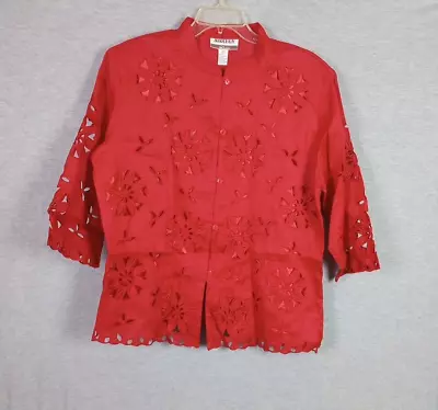 Vintage Shayan Women Long Sleeve Shirt Large Red Linen Mandarin Collar • $9.99