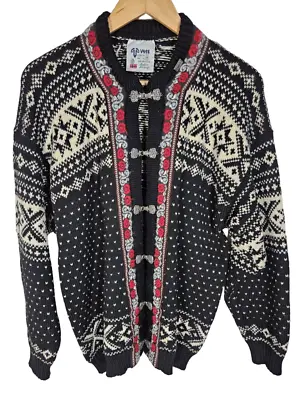 Womens Voss Norway Fair Isle Black Wool Chunky Knit Hook Loop Cardigan Size 46 • £39.99