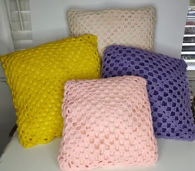 Handmade Vintage Knitted Crochet Pillows Pink Yellow White Purple Throw Pillows • $29.99