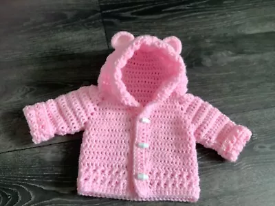 Hand Knit Crochet Baby Pink Bear Ears  hoodie  0-3 Months  • £12