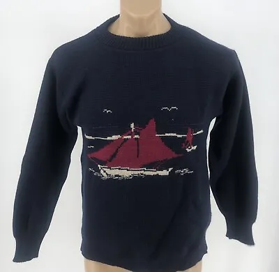 Vintage Irish Sweater 38 Sailboat Design Dark  Blue 100% Pure Wool • $39.95