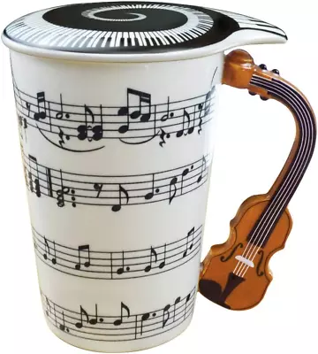 Music Coffee Mug With Lid And Violin Handle 13.5 Ounce Water Tea Drinks Cup Gi • $16.89