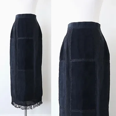 Vintage 1990s Suede Patchwork Crochet Boho Maxi Skirt Fringe Black • $63.75