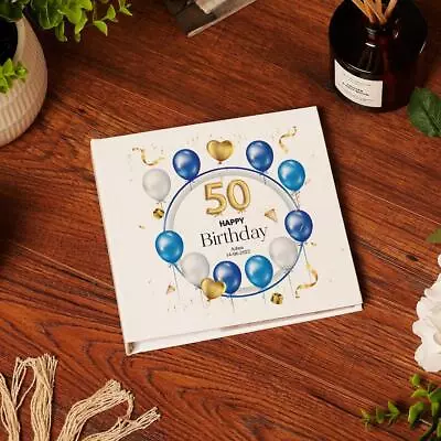 Personalised 50th Birthday Photo Album Gift With Blue And Gold Balloons UV-1239 • £16.99