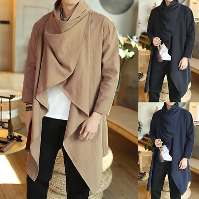 Men's Long Sleeve Cotton Linen Poncho Cape Coat Hippie Loose Cloaks Jacket Tops • $27.58