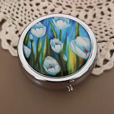 Pill Box For Purse Decorative Pill Case Pill Holder Mint Vitamin Metal Tulips • $14.88