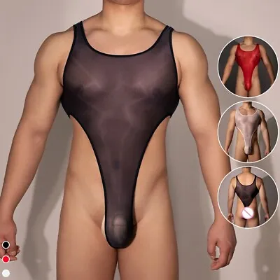 Mens Bodysuit High Cut Knickers See Through Sexy Shorts Sissy Stretchy • £6.18