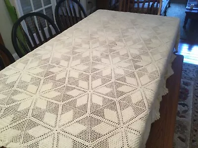 Vintage Cotton Ivory Hand Crocheted 78 X 68 Inch Bed Cover Or Tablecloth • $65