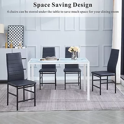 47  White Marble Glass Dining Table & 4pcs Black Faux Leather Dining Chairs Set • $208.99