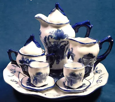 Vintage Miniature Blue & White Porcelain Tea Set 10 Piece Rose Full Tea Service • $33